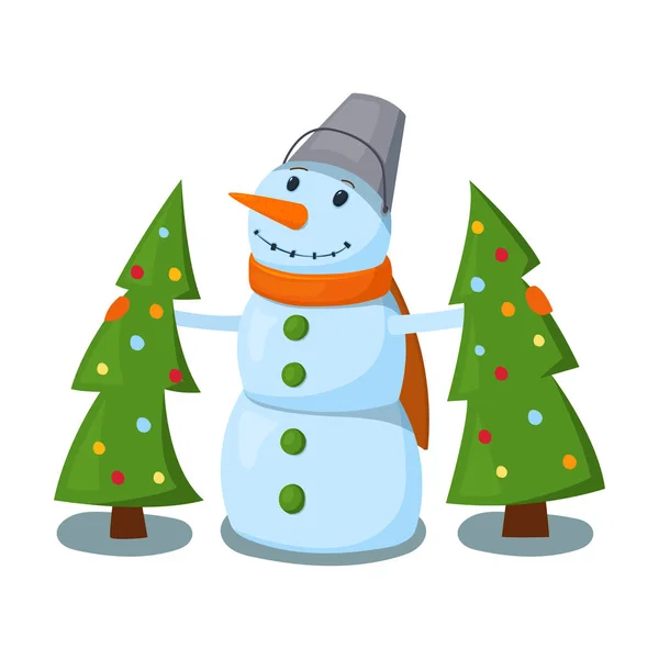 Снеговик с двумя елками. Векторная иллюстрация . — стоковый вектор