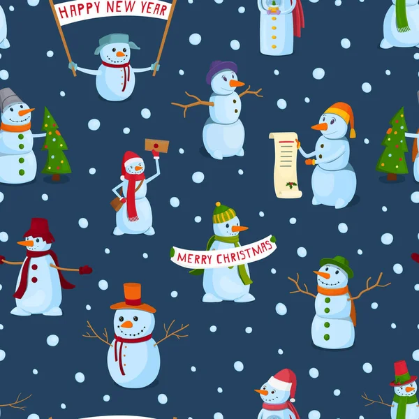 Set of holiday snowman on a winter background. Snowmen in different hats and scarves with posters and New Years attributes. Vector Seamless Pattern. — Stock Vector