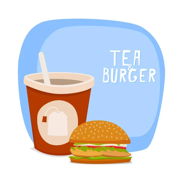 Tea and burger. Fast food to takeaway. Vector illustration. — Stock Vector