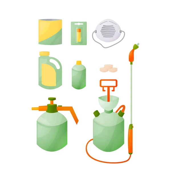 A set for spraying garden plants, gardening, farming, agriculture. Means for the destruction of pests, insects, caterpillars, tablets, liquid, granules, drops, chemical agents. Vector illustration — Stock Vector