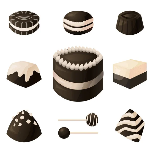 Un conjunto de iconos de postres de chocolate. Colección de dulces de chocolate oscuro y blanco, dulces, soufflés, galletas para shokoldanogo bar. Ilustración vectorial . — Vector de stock