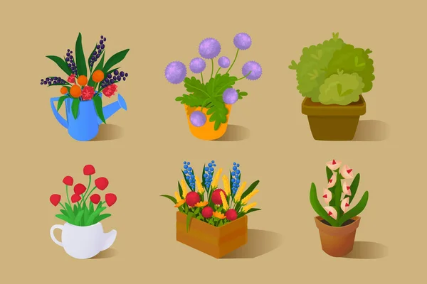 Flores de jardín en diferentes recipientes: una tetera, una caja, un cubo, una regadera, una olla, un jarrón. Ilustración vectorial de un estilo de dibujos animados . — Archivo Imágenes Vectoriales