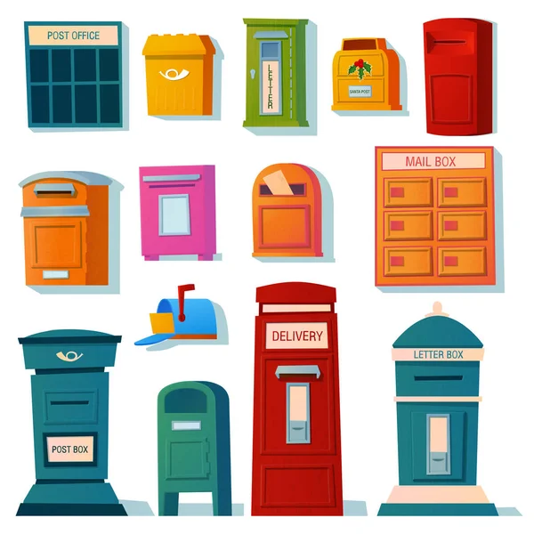 Vector set of mailboxes, letter boxes, pedestals for sending and receiving letters, correspondence, newspapers, magazines, bills. Vector illustration in a cartoon style. — Stock Vector