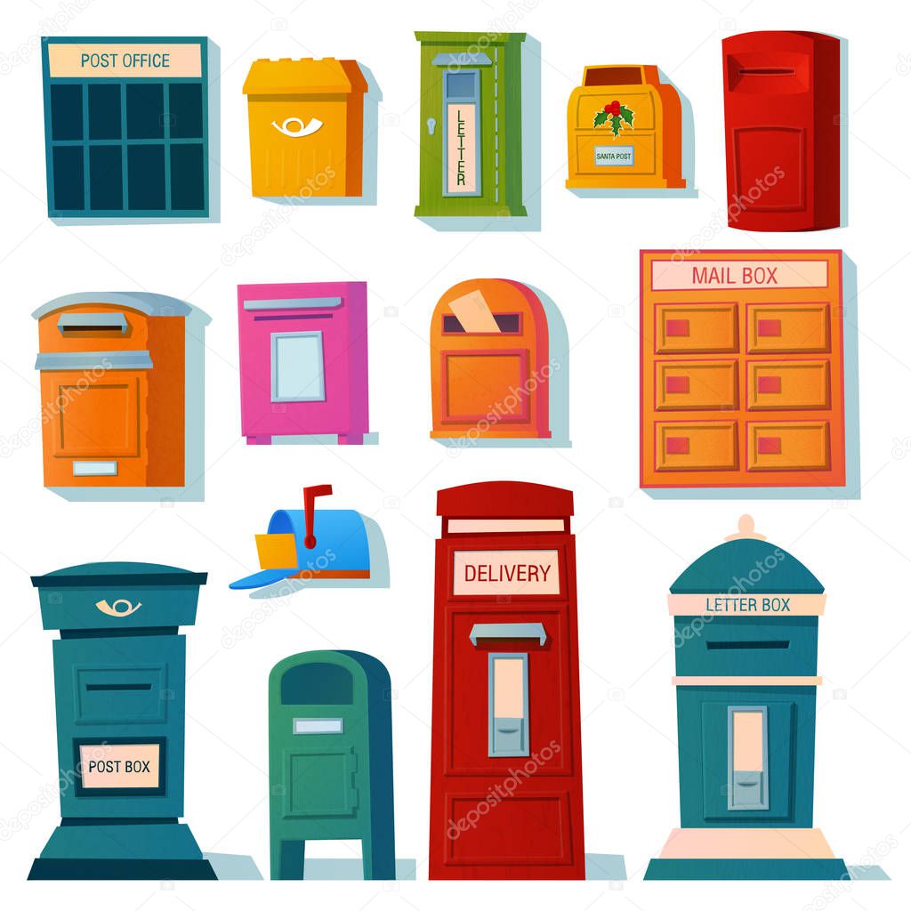 Vector set of mailboxes, letter boxes, pedestals for sending and receiving letters, correspondence, newspapers, magazines, bills. Vector illustration in a cartoon style.