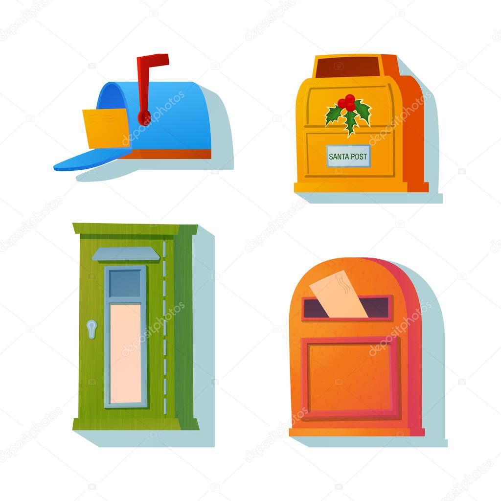 Vector set of mailboxes, letter boxes, pedestals for sending and receiving letters, correspondence, newspapers, magazines, bills. Vector illustration in a cartoon style.