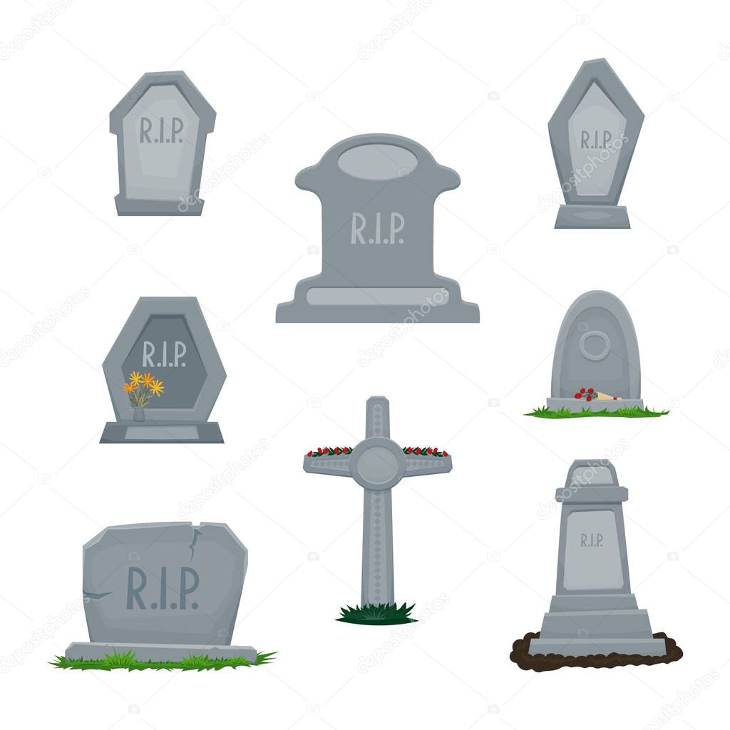 A set of tombstones grave stones, stone cross, graves with the inscription rip. grass, flowers. vector illustration in cartoon style