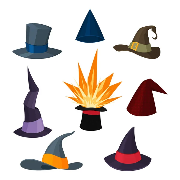 Un juego de sombreros mágicos. Sombreros magos, brujas, magos, ilusionistas. Ilustración vectorial en estilo de dibujos animados — Vector de stock
