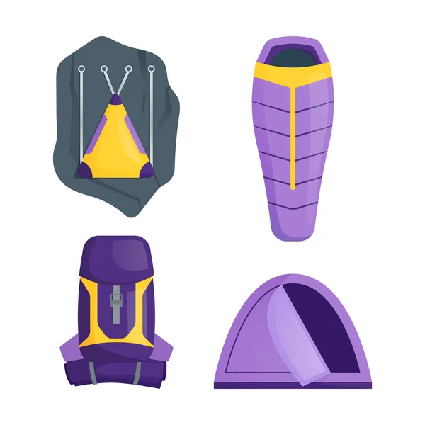 Una serie di attrezzature per il campeggio e dormire su una montagna verticale. Illustrazione vettoriale . — Vettoriale Stock