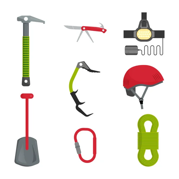 Montanha equipamentos de escalada ferramentas e acessórios ícones conjunto com machado de gelo e arnês ilustração vetor isolado abstrato —  Vetores de Stock