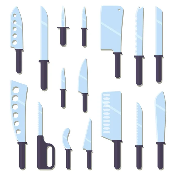 Una serie di coltelli da cucina per cucinare vari prodotti. Illustrazione vettoriale in stile piatto — Vettoriale Stock