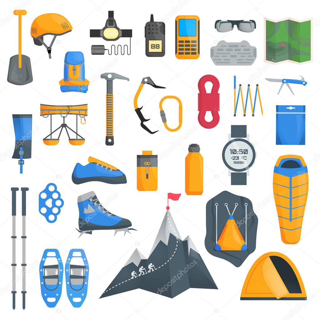 Mountaineering, a set of objects of equipment for climbing in the mountains. Vector illustration isolated on white background.