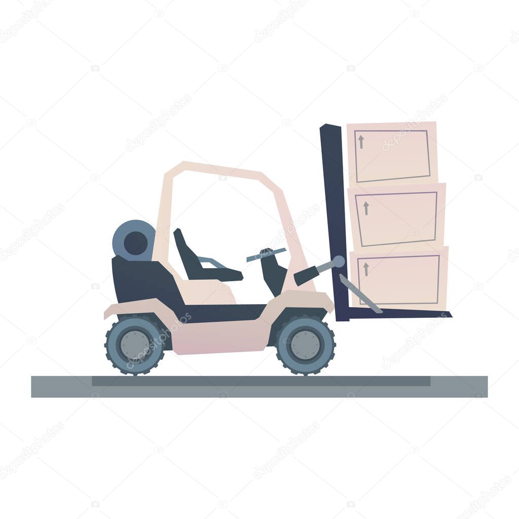 Forklift truck with crates isolated on white background. Vector illustration in cartoon style