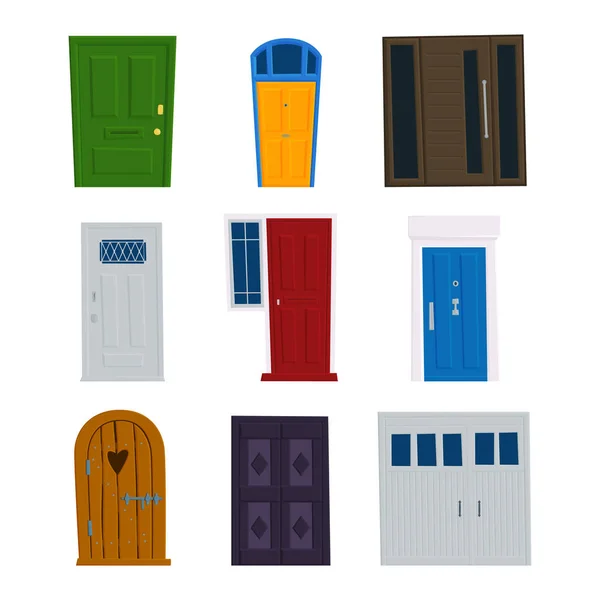 Verzameling van vector deuren, voorgevel toegang tot gebouwen en huizen met slot, oog, deur greep. Platte vectorillustratie in cartoon stijl. — Stockvector