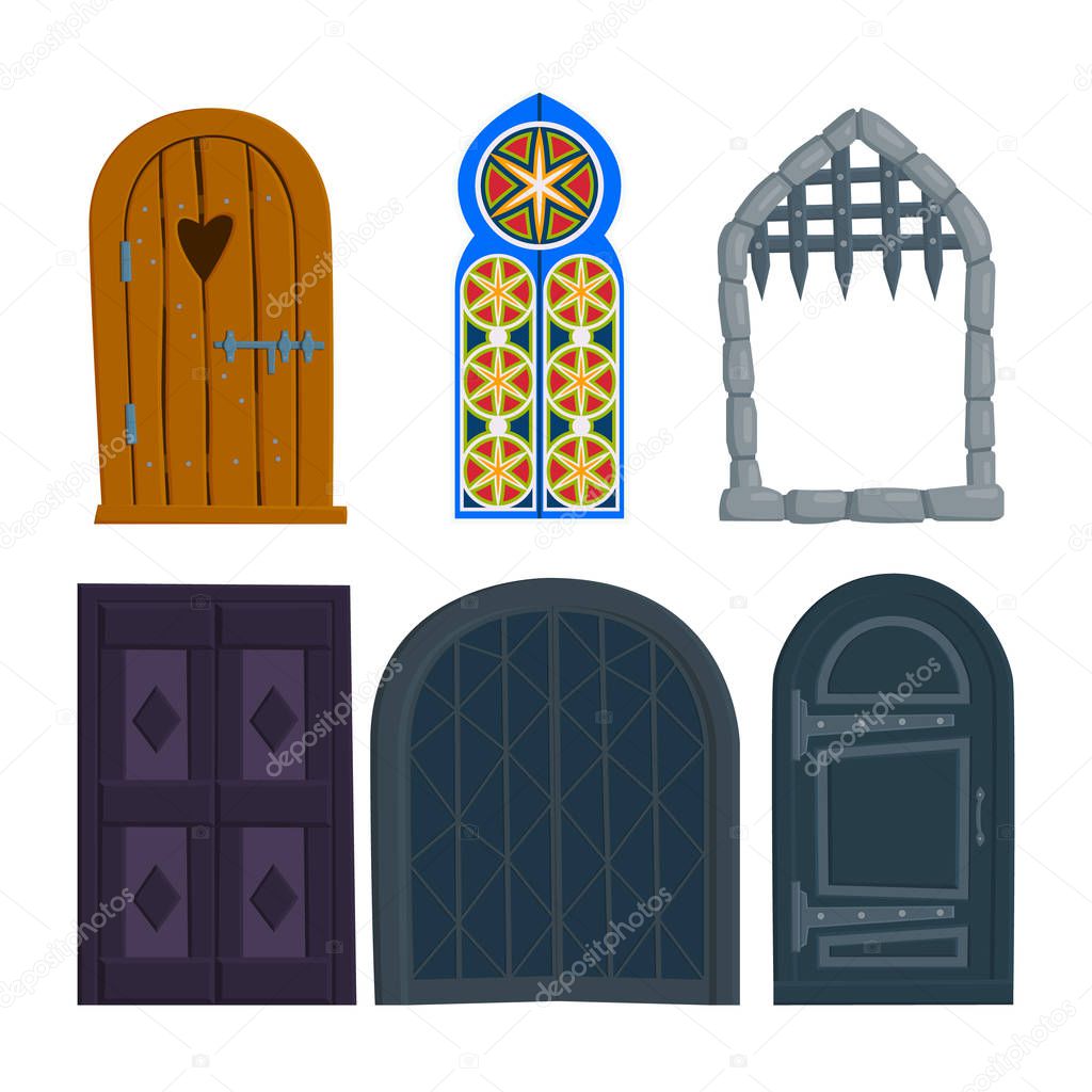set of old doors, wooden, iron, antique, Oriental, castle gate. vector flat illustration in cartoon style isolated on white background.