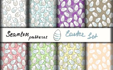 Kusursuz desenler. Renkli pastel arka planlarda paskalya yumurtaları olan vektör çizimleri. Sancaklar, kumaşlar, selamlar, ambalajlar, kağıda yazdırmalar, duvar kağıtları vs. için sonu gelmeyen yineleyici dokular.