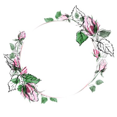 Çiçekli yuvarlak çerçeve. Beyaz arka planda elle çizilmiş güller olan vektör çizimi. Dekorasyon tebrik kartları, davetiyeler vs. için kullan.