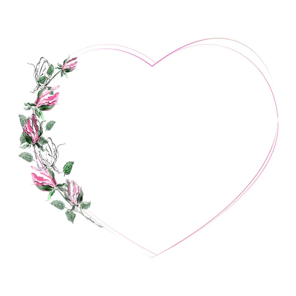 Floraler Rahmen Herzform Vektorillustration Mit Handgezeichneten Rosen Auf Weißem Hintergrund — Stockvektor