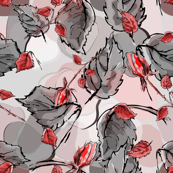 花形图案 红玫瑰 水彩叶 灰色背景上的无缝线矢量图解 用于印刷墙纸 明信片 — 图库矢量图片