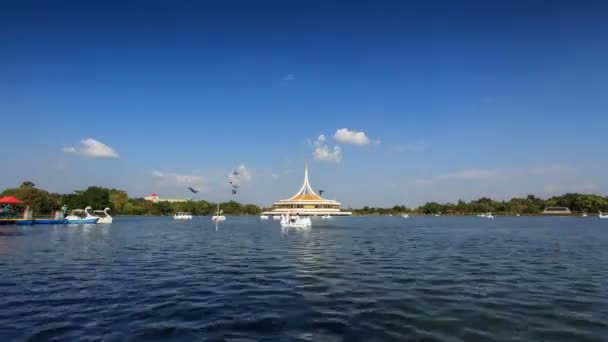 Oidentifierade personer på swan båtar i sjön av Suanluang Rama 9 offentliga park . — Stockvideo