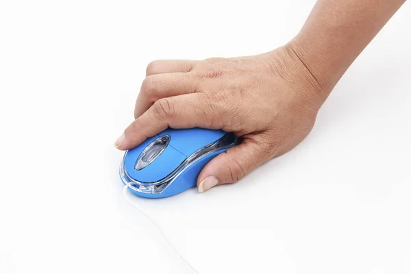 Mano de la mujer sostener un ratón aislado fondo blanco . — Foto de Stock