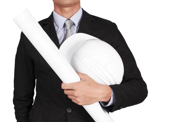 Obchodní muž drží dokument white paper a čepici na bílém pozadí. — Stock fotografie