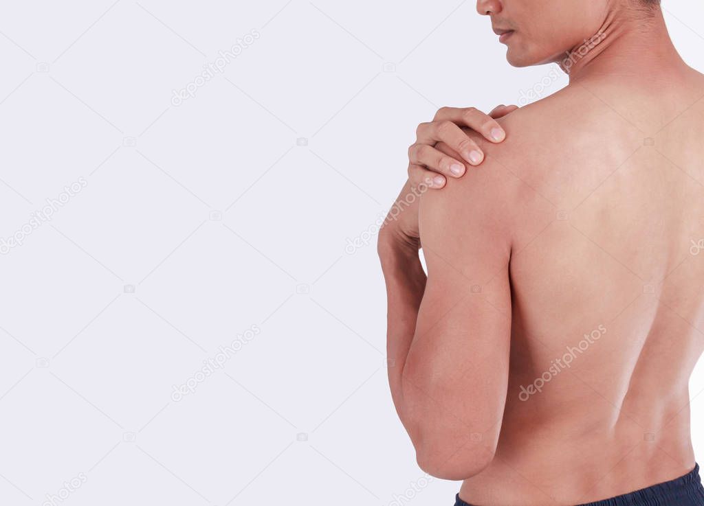 Man having shoulder joint pain isolated on white background.