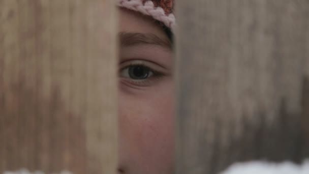 O rapaz olha pela porta da vedação. Retrato de uma criança a espreitar pela cerca. Rosto e olhos a olhar para o rapaz . — Vídeo de Stock