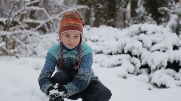 Uma criança brincando no parque na neve. Retrato de um menino lá fora no inverno. Menino brincando na neve, joga uma bola de neve na câmera . — Vídeo de Stock