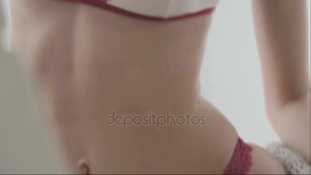 Beautiful model in lingerie posing for the camera. Portrait, Close up of a beautiful girl in lingerie. The face and body of a beautiful woman in lingerie. — Stock Video