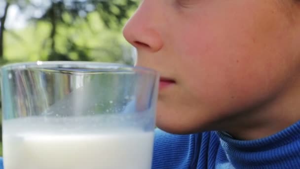 Portret zdrowego dziecka ze szklanką mleka. Chłopiec pije mleko w przyrodzie. Zdrowe odżywianie. Właściwy sposób życia. — Wideo stockowe