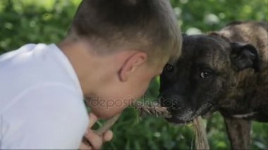 Parkta Staffordshire korkunç bir çocuk. Köpeği olan bir çocuk portresi kapatın. Doğada bir oğlanla safkan staffordshire.