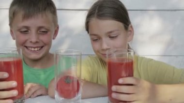 Çocuk beyaz bir arka plan üzerinde gözlük domates suyu iç. İki erkek domates suyu iç. Doğal yemek, sağlıklı besleme. 