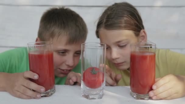 Kinder auf weißem Hintergrund trinken Tomatensaft aus Gläsern. zwei Jungen trinken Tomatensaft. natürliche Mahlzeit, gesundes Futter. — Stockvideo