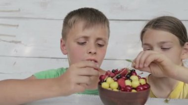 Çocuklar, kiraz ve kuş üzümü taze çilek yemek. Çocuk taze çilek bir yemek yemek..