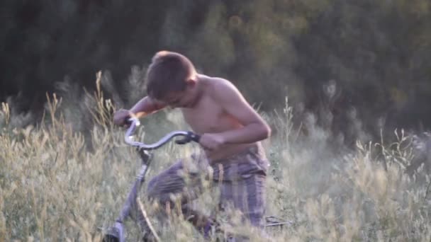 自転車の少年は、草の分野を通って行きます。高い草で自転車で村に残りの子. — ストック動画