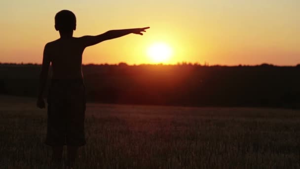 The boy at sunset does exercises running around the field. The child at the sunset of the day in the field runs and does exercises. — Stock Video