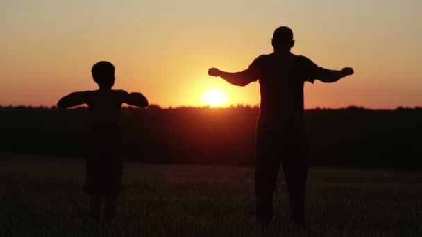 O pai e o filho estão a treinar ao pôr-do-sol no campo. Homem e menino no campo ao pôr-do-sol correr e jogar . — Vídeo de Stock