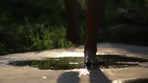 Pies femeninos descalzos en un charco en contraluz. Silueta de piernas femeninas en un charco con agua al atardecer . — Vídeo de stock