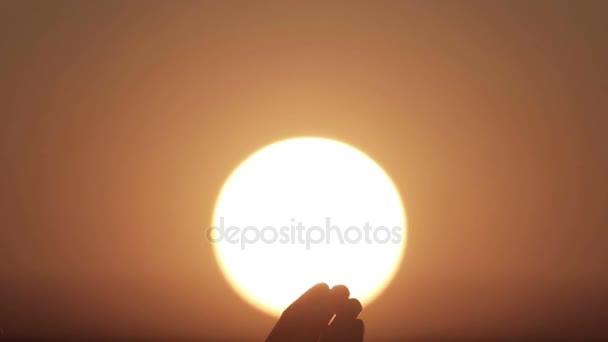 Een hand van de dames in de ondergaande zon. Portret van een vrouwelijke hand close-up bij zonsondergang. — Stockvideo