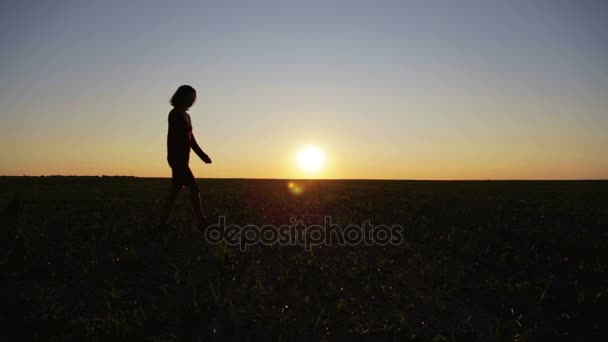 Portrait de silhouette de femme sur la nature dans le domaine. Silhouette de fille de course et de danse dans un champ au coucher du soleil . — Video