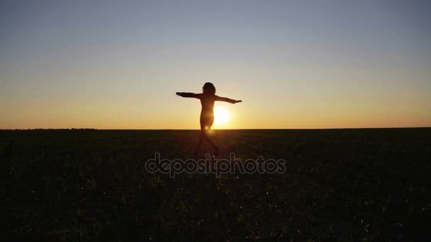 Retrato de silueta de mujer sobre la naturaleza en el campo. Silueta de niña corriendo y bailando en un campo al atardecer . — Vídeo de stock