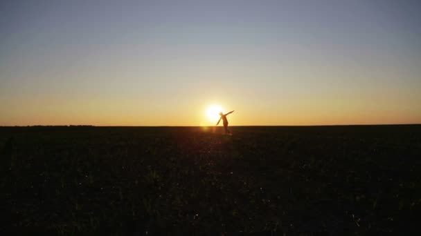 Portrait de silhouette de femme sur la nature dans le domaine. Silhouette de fille de course et de danse dans un champ au coucher du soleil . — Video