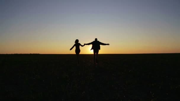 Man en vrouw in het veld bij zonsondergang. Een paar bij zonsondergang loopt en springt in het veld. — Stockvideo