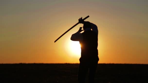 Retrato de un hombre con una espada al atardecer, el camino de un guerrero. Samurai yakuza con una espada al atardecer del día. Deporte, aficiones, intereses . — Vídeos de Stock