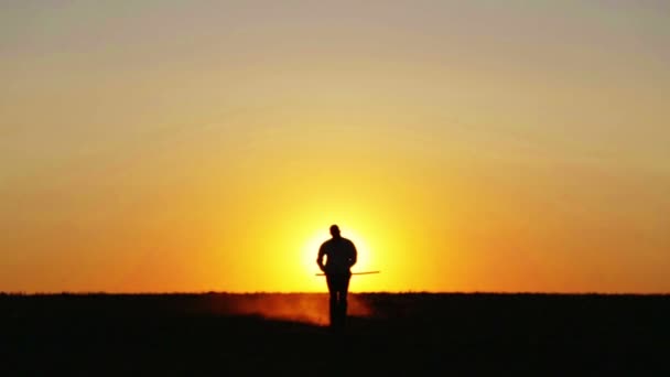 一个男人带着剑在日落时，一个战士的路径的画像。日本瘪三武士用剑在日落时的一天。运动，爱好，兴趣. — 图库视频影像