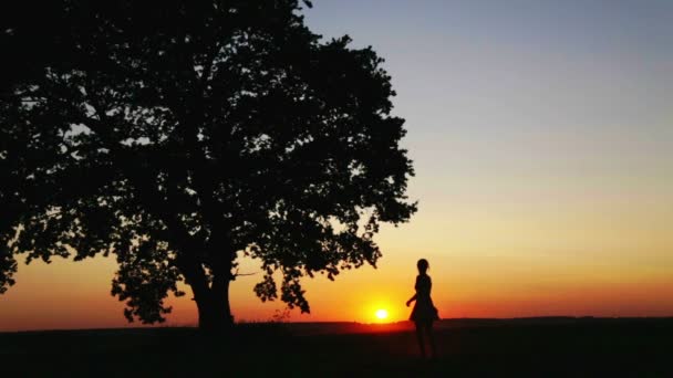 Дівчинка під час заходу сонця виконує вправи. Жінка біля величезного дуба на заході дня . — стокове відео