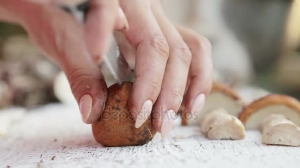 As mãos fecham moendo cogumelos. Cortar cogumelos numa tábua de cortar. Cortar cogumelos frescos. Cozinhar, cortar cogumelos . — Vídeo de Stock