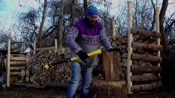 Joven Corta Leña Granja Retrato Hombre Con Hacha Escucha Madera — Vídeos de Stock