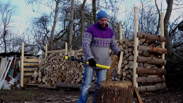 一个年轻的家伙在农场上劈柴 一个人用斧头的画像在庄园听见木头 — 图库视频影像