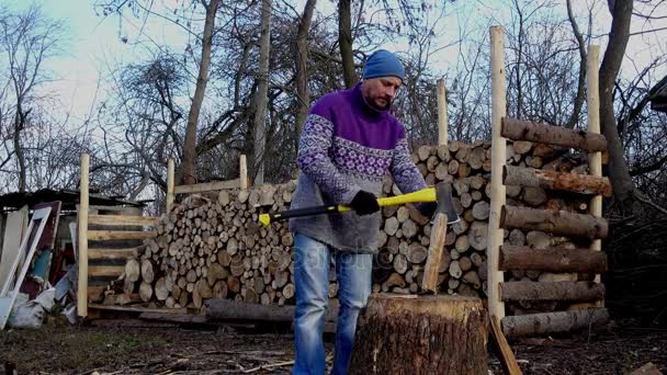 Młody Facet Kotlety Drewna Farmie Portret Mężczyzny Siekierą Słyszy Drewna — Wideo stockowe